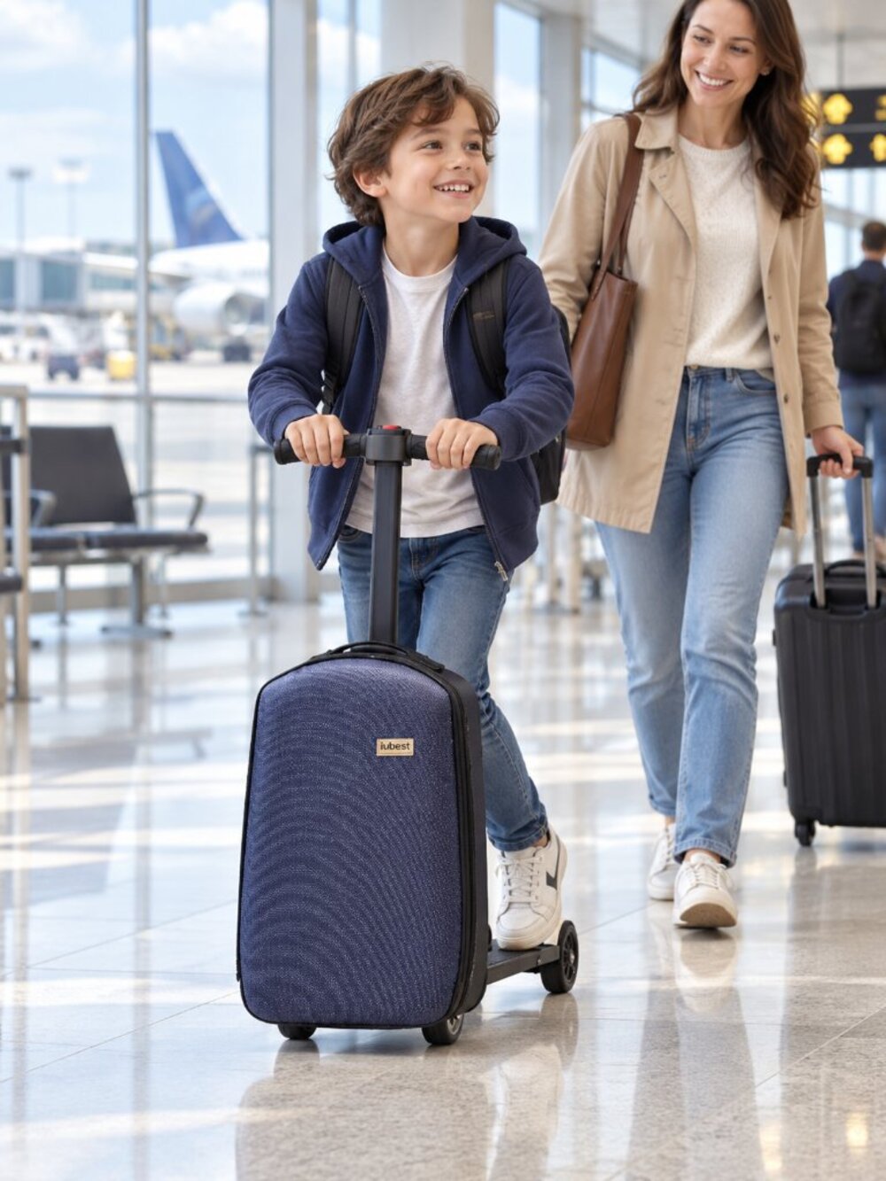 iubest Luggage Carry On Scooter Suitcase for Kids Age 4-15,Detachable/Folds Blue